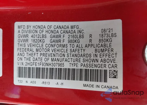 2022 Honda Civic Touring from USA, damaged, VIN 2HGFE1F93NH307965